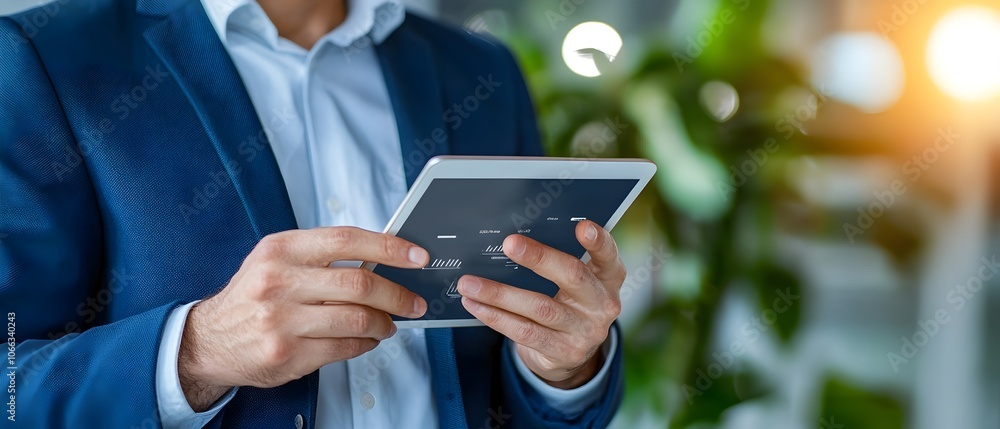 Wall mural hands holding tablet with smart industry control interface and blurred automation machine in the bac