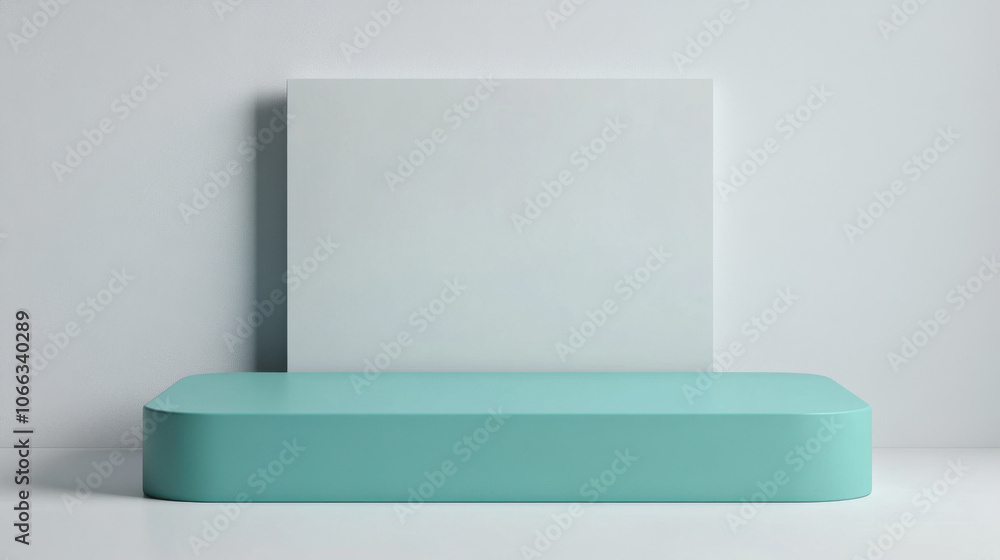 Poster a minimalistic scene featuring a turquoise object and a white rectangular panel against a neutral ba