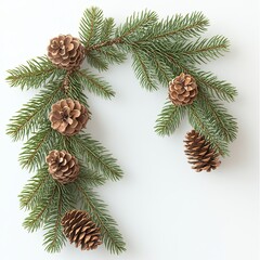 Pine Branches with Pine Cones on White Background, Simple arrangement of pine branches with pine cones on a white background, creating a natural holiday or winter decoration.

