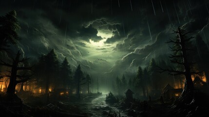 A misty forest at night, with a full moon shining through the clouds and a river winding through the trees. The forest is lit by the light of the moon and the fires burning in the distance.