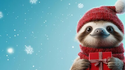 Sloth holding a Christmas gift, snowflakes falling, 3D illustration