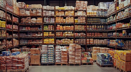 A fully stocked warehouse aisle with shelves full of packaged food items.