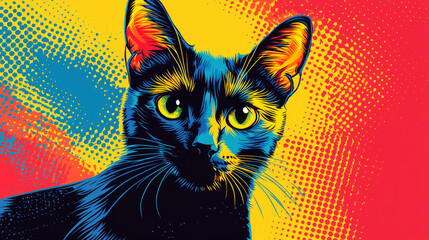 Pop art cat illustration on vibrant abstract background.