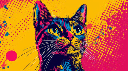 Colorful pop art style illustration of a cat&rsquo;s face with a bright, abstract background.
