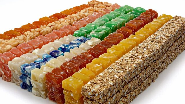 A colorful assortment of Turkish delight and peanut brittle sits ready to be eaten