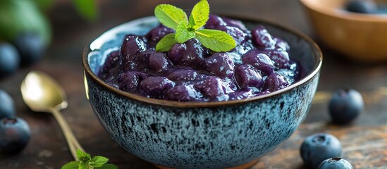 A bowl of Bubur Ketan Hitam (black sticky rice pudding)