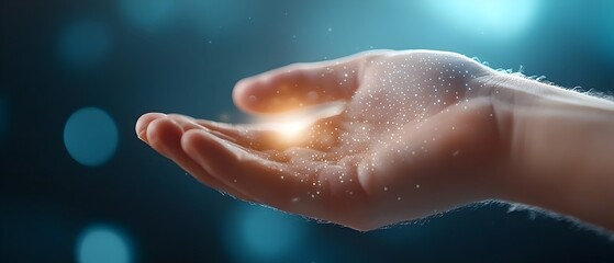 Fototapeta premium Hands Touching in a Futuristic Digital Data Exchange Conceptual Visualization of Human Connection and Innovation Through Technology