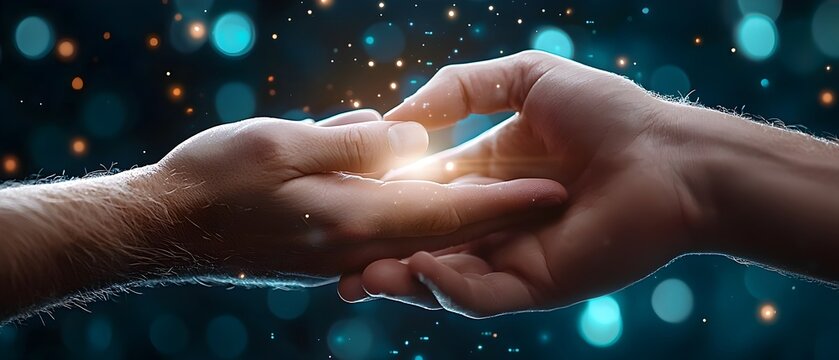 Hands reaching out and touching as a symbol of human with the digital world of technology data and futuristic scientific innovation
