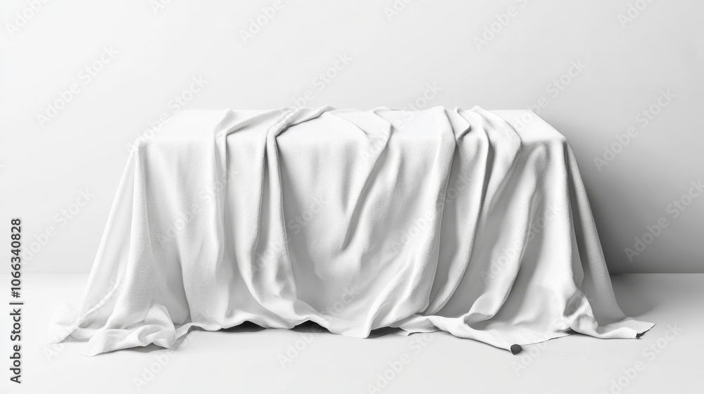 Poster a plain white table covered with a draped fabric, creating a minimalist and elegant aesthetic.