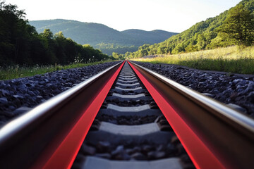 A tranquil railway track stretches into the distance, lined with vibrant red rails against a backdrop of lush green hills and clear blue skies.
