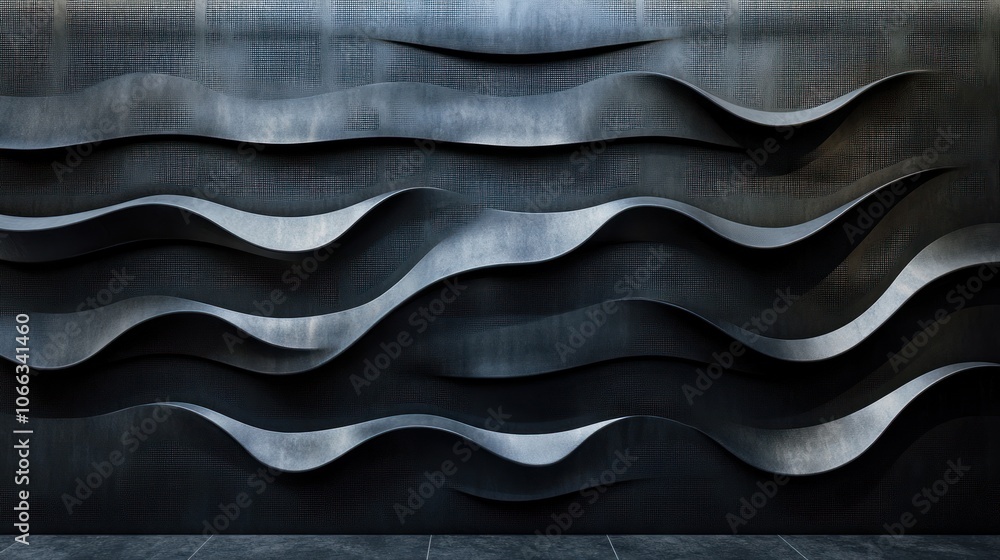 Poster abstract wall design with flowing wave patterns in shades of gray and black.