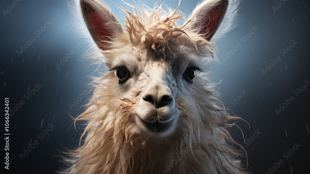 Poster a white llama with a wet, fluffy coat stands in front of a dark blue background with rain falling. t