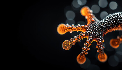 A close-up view of a gecko's hand, showcasing its unique adhesive pads against a blurred dark background.