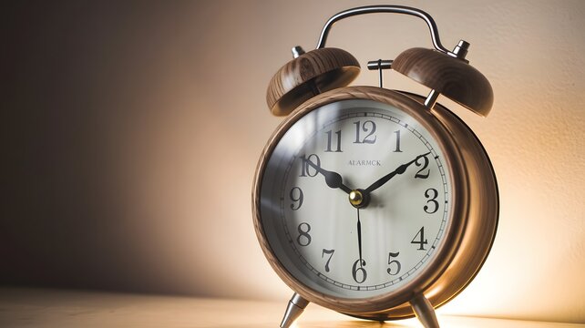 A retro alarm clock with a wood grain finish, softly backlit to cast a faint shadow on the wall, highlighting its analog face and classic, nostalgic style.