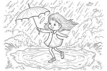 A joyful young girl with brown hair plays in the rain, holding an umbrella while jumping in a puddle, surrounded by a whimsical landscape.