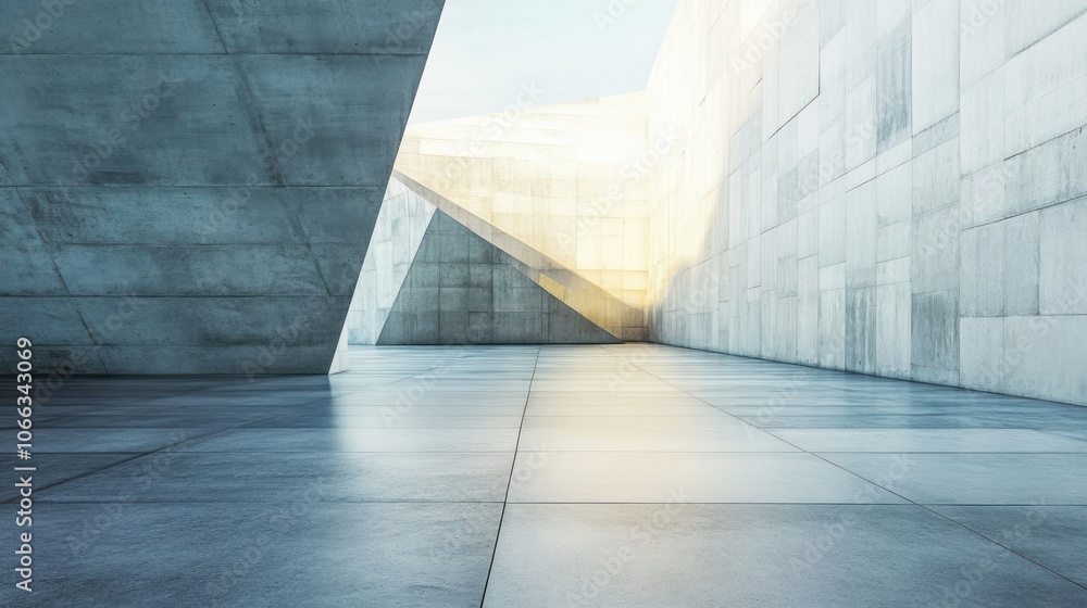 Poster a modern architectural space with geometric concrete structures and soft lighting.