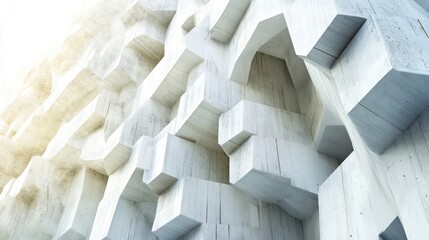 Abstract architectural wall with geometric protrusions and soft lighting.