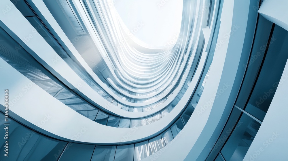 Poster a modern architectural design featuring curved lines and glass elements, creating a dynamic perspect
