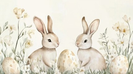 Obraz premium Two Bunnies Surrounded by Spring Flowers and Eggs