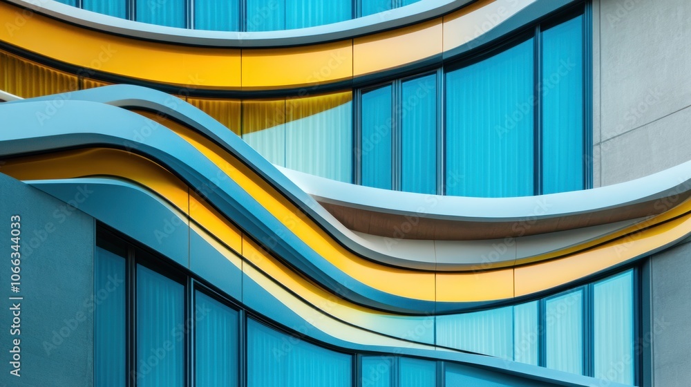 Poster abstract architectural design featuring wavy patterns and vibrant colors on a building facade.