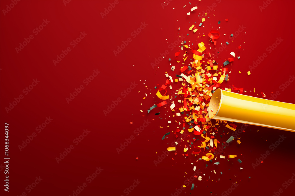 Poster party popper with flying confetti. yellow and red firecracker explodes with serpentine. birthday and