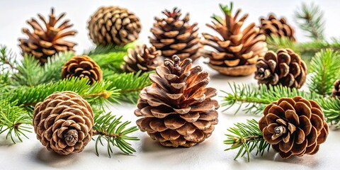 A collection of pine cones and evergreen branches resting on a pristine white surface, capturing the essence of winter's beauty.
