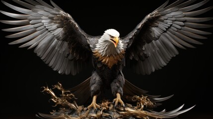 Obraz premium A majestic bald eagle with wings spread wide, perched on a branch against a black background.
