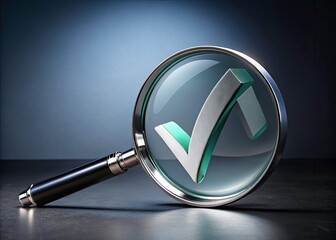 Magnifier Enhancing Check Mark on Gray Background - Business Quality Control, Approval and Contract Concepts in Architectural Photography