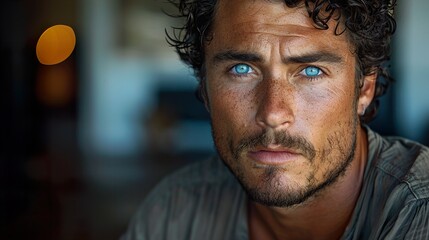 Fototapeta premium Intense Gaze: A Close-Up Portrait of a Man with Blue Eyes