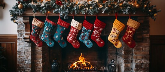 Christmas stockings hanging above a fireplace with a roaring fire