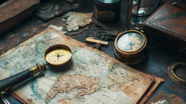 Antique compass and old map on a wooden surface.