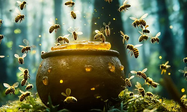 Honey Pot in the Forest with Bees