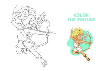 Coloring page of laughing cartoon Cupid character. Blond naughty boy draws the string of his bow, choosing a victim. Hand drawn picture for coloring with color sample for school readiness or leisure.