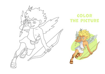Coloring page of laughing cartoon Cupid character. Blond naughty boy draws the string of his bow, choosing a victim. Hand drawn picture for coloring with color sample for school readiness or leisure.