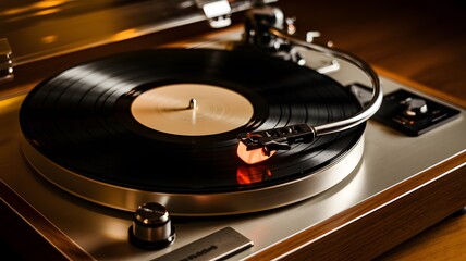 Backlit vinyl records spinning on a vintage turntable in a softly lit room, emphasizing the glossy surface and shadows cast by the tonearm.