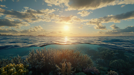 Cinematic view of coral reef beneath sunlit ocean at golden hour