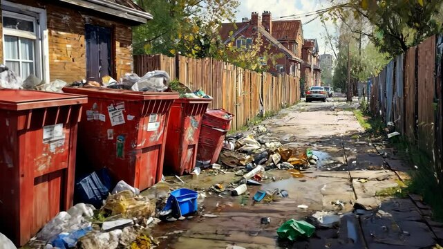 Overfilled garbage bins and scattered trash litter a narrow alleyway in a residential area, highlighting the issue of waste management