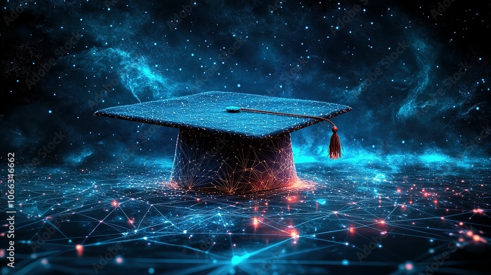 Poster graduation cap rendered as a wireframe network with glowing nodes