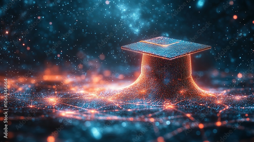 Poster digital graduation cap emerging from network of data