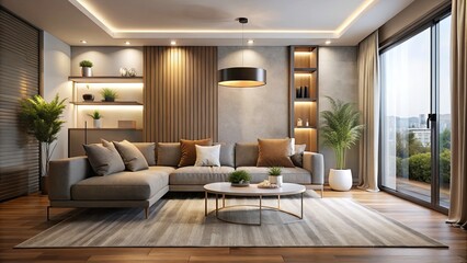 Fototapeta premium Modern Minimalist Living Room Interior with Comfortable Couch and Indirect Lighting, Stylish Design, Cozy Atmosphere, 3D Rendering of Contemporary Space, Elegant Decor, Home Interior Inspiration