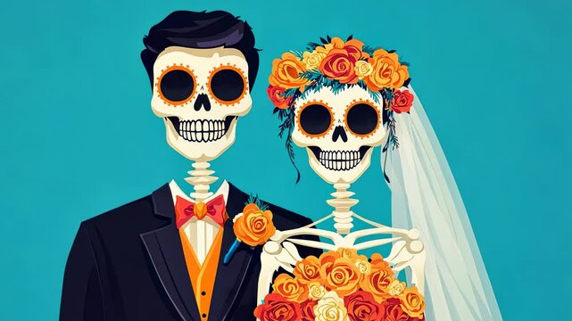 A whimsical illustration of a skeleton couple in wedding attire