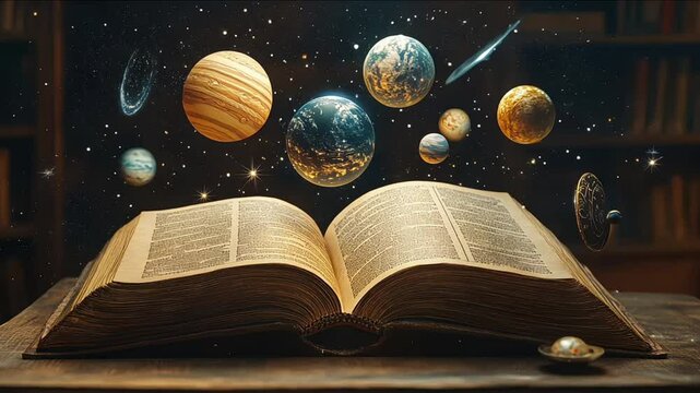 Galaxies and Planets Emerging from an Open Book Symbolizing the of the Universe through Knowledge