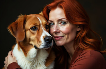 Portrait of a mature red-haired woman with her dog. owner and pet look alike