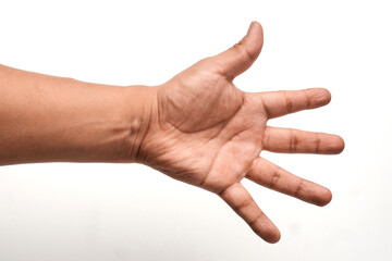 Man's hand shows five fingers isolated on white background. Sign: number five. Close up. High resolution product
