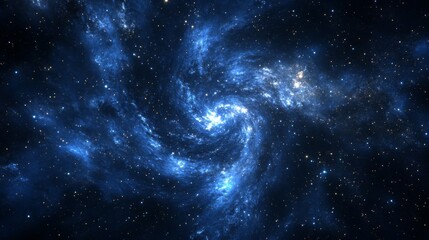 Fototapeta premium A Swirling Galaxy with Bright Blue Nebulae and Scattered Stars in a Dark Cosmic Background