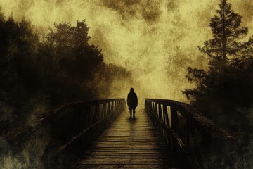 A mysterious figure stands on a bridge. The photo is suitable for a horror story, a fantasy novel, or a website about suspense.