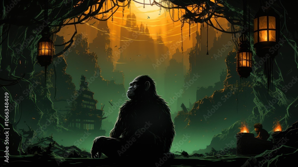 Poster a silhouette of a monkey sitting in front of a jungle with a city in the background. there are lante