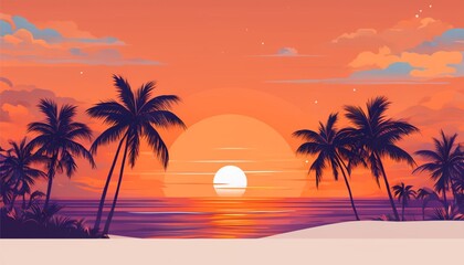 AI GENERATED Tropical beach sunset with vibrant orange and pink sky, palm trees silhouetted, and soft waves on the sand; perfect for travel-themed designs