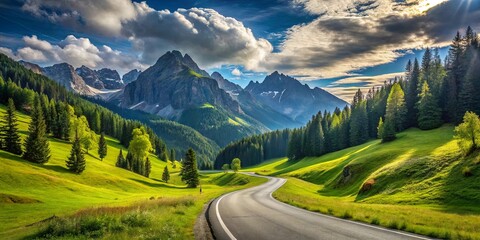 Fototapeta premium A Winding Asphalt Road Through a Lush Meadow Surrounded by Majestic Mountains and a Canopy of Evergreen Trees