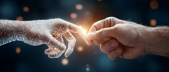 Robotic and Human Hands Connected by Glowing Holographic Data Symbolizing the Fusion of Intelligence and Human Creativity in a Futuristic Innovative Concept